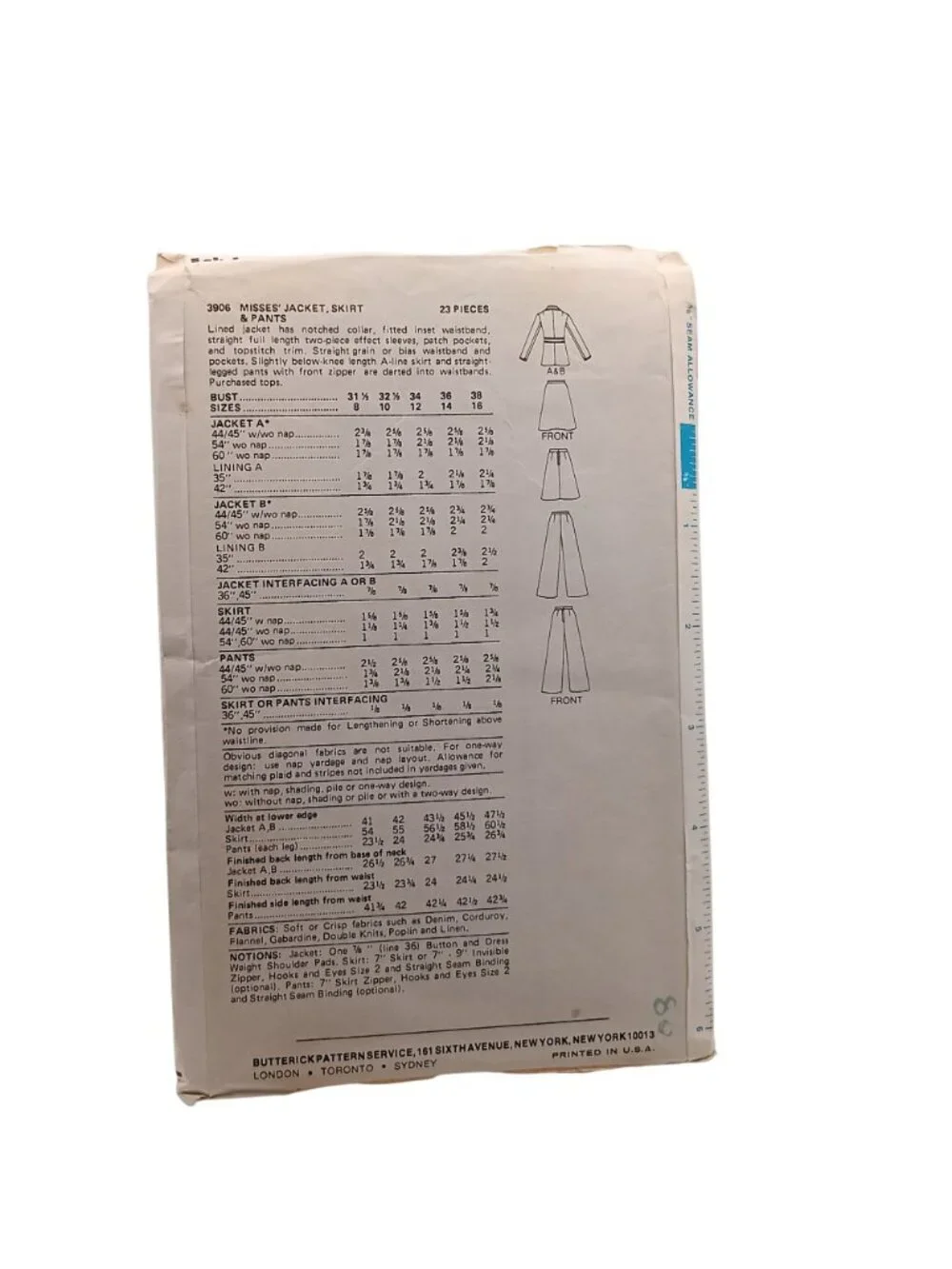 Butterick 3906 Misses Pattern Jacket Skirt & Pants Size 14 1970s Vintage Sewing